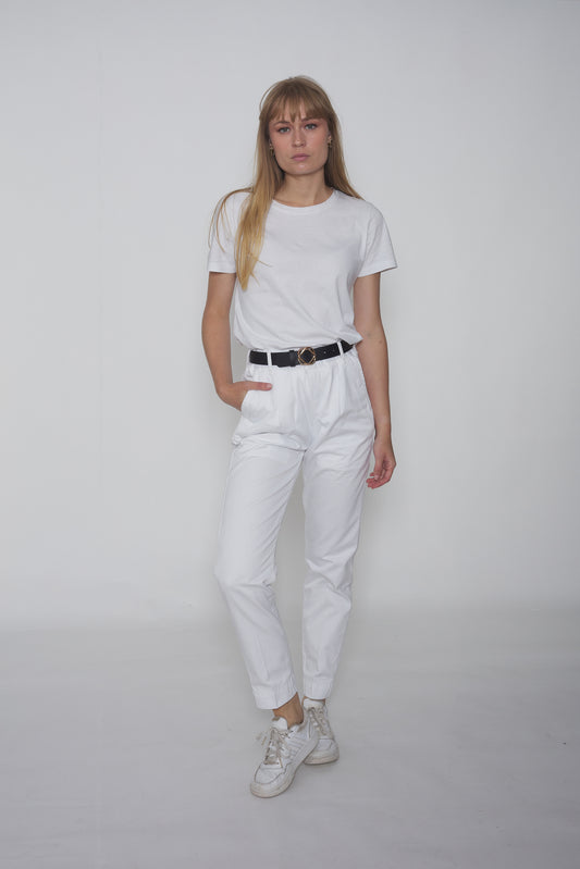 Pantalon à pinces en toile de coton blanc