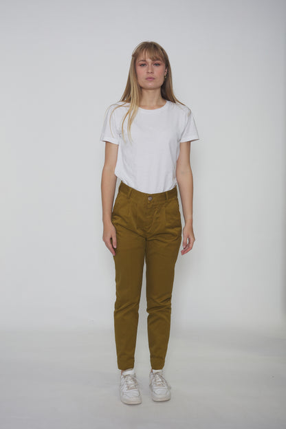 Pantalon à pinces en toile de coton vert olive