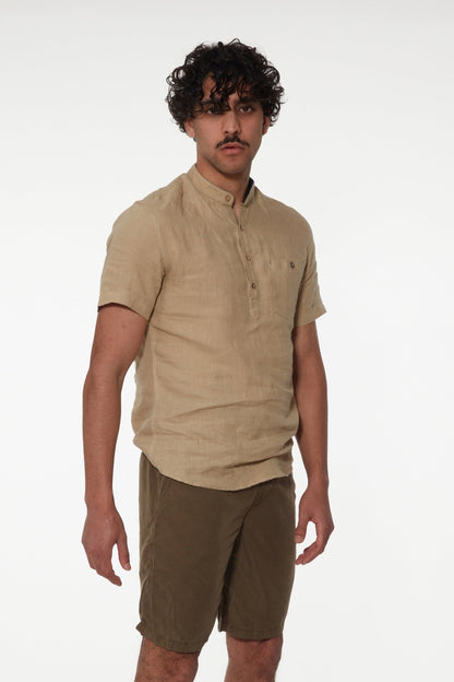 Chemise manches courtes col mao beige