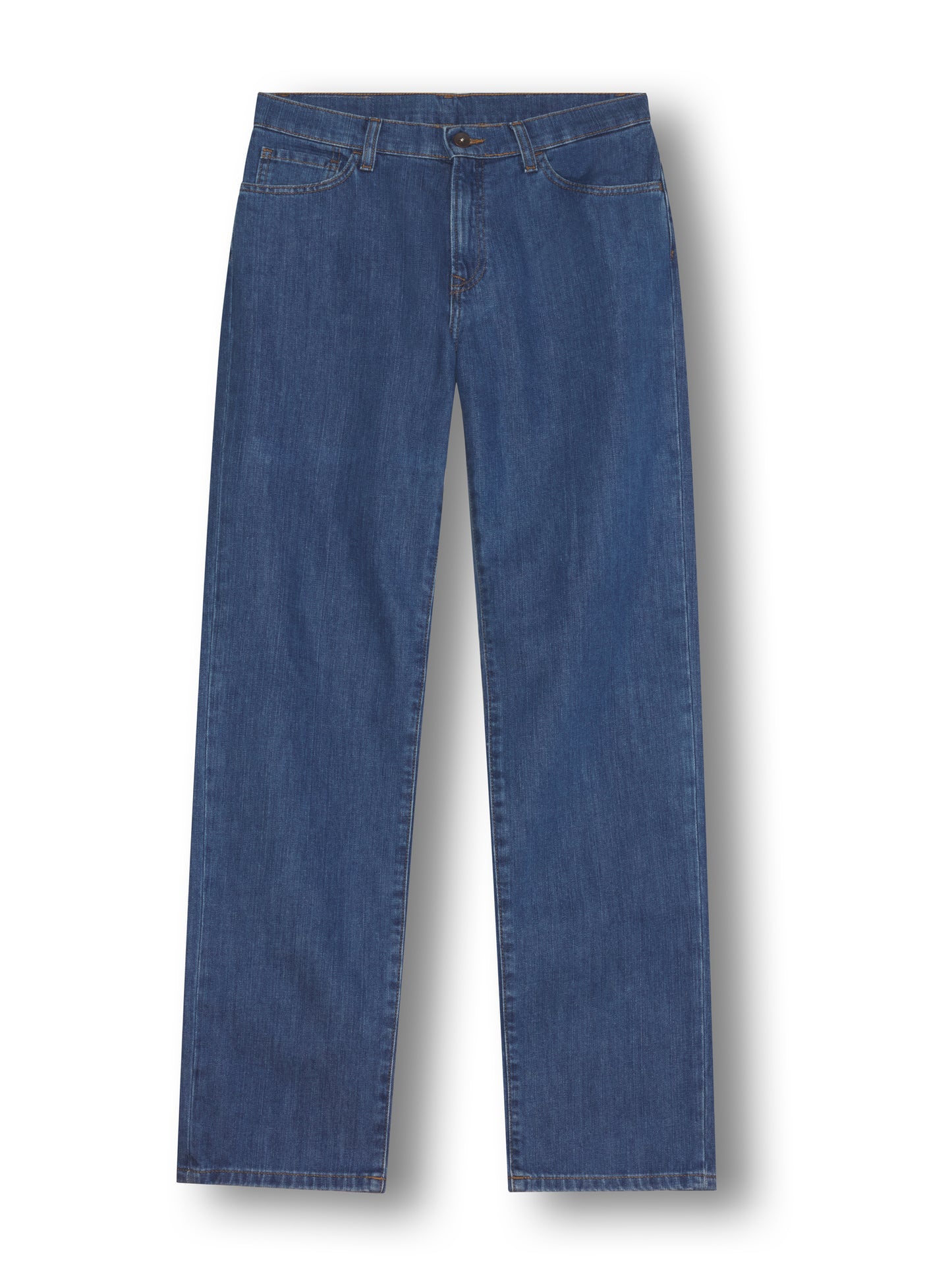 Jean regular coupe droite en denim légèrement délavé stone, taille mi-haute ou mi-basse, avec jambes droites et confection 100 % coton épais, pour un look décontracté et tendance des années 90