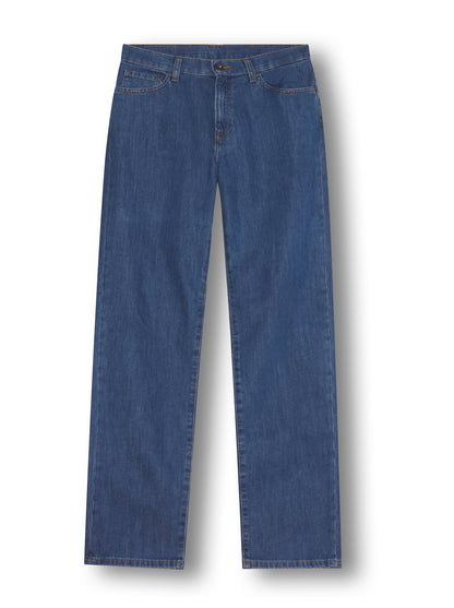 Jean regular coupe droite en denim légèrement délavé stone, taille mi-haute ou mi-basse, avec jambes droites et confection 100 % coton épais, pour un look décontracté et tendance des années 90