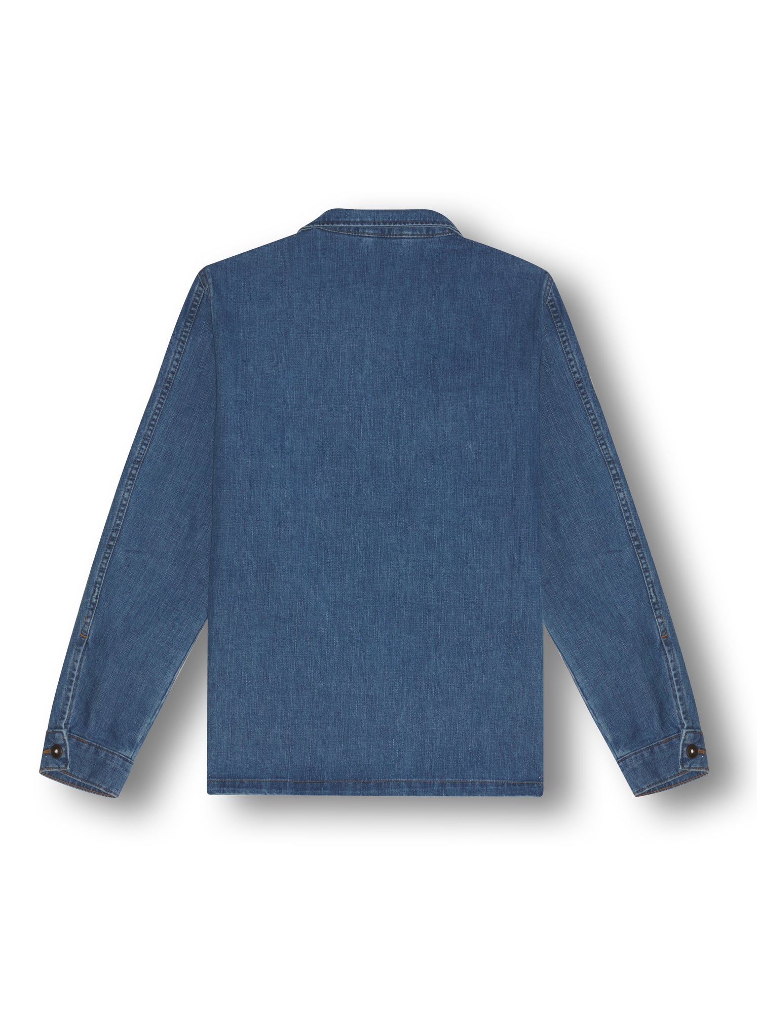 Veste worker délavée jeans , coupe droite, style utilitaire, disponible jusqu'à la taille 3XL, fabriquée en 100% coton éco-responsable pour toutes les morphologies.